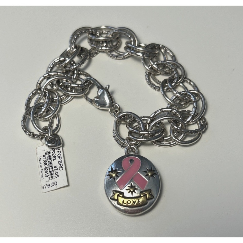 NWT Brighton Power Of Pink Silver Gold Heart Breast Cancer Charm Bracelet $78